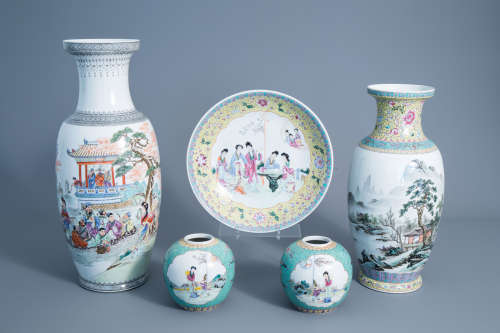Two various Chinese famille rose vases, a charger and two jars, 20th C.