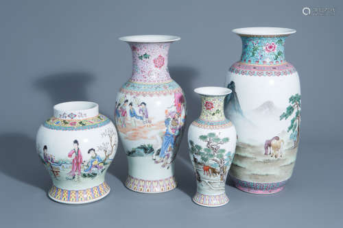 Four various Chinese famille rose vases, 20th C.