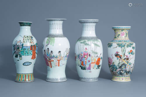 Four Chinese famille rose and verte vases with different designs, 19th/20th C.