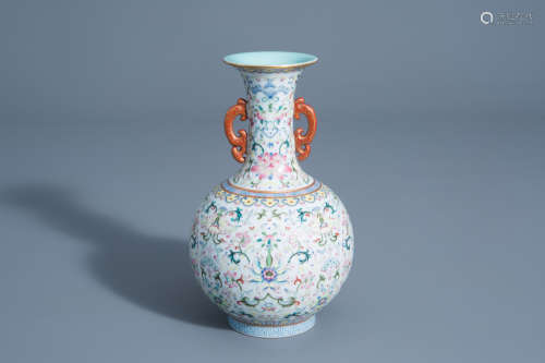 A Chinese famille rose vase with floral design, Qianlong mark, 19th/20th C.