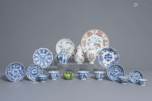 A varied collection of Chinese blue and white and famille rose wares, Kangxi and later