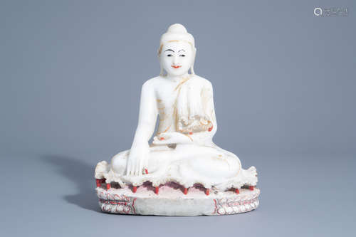 A partly polychrome decorated alabaster figure of Buddha, Burma, 19th/20th C.