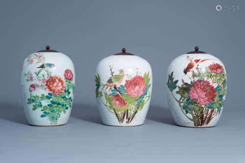 Three Chinese qianjiang cai jars with birds among flowering branches, 19th/20th C.