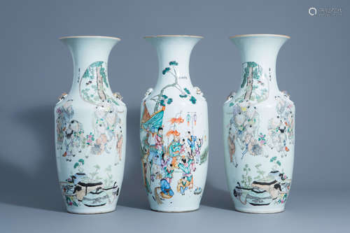 Three Chinese famille rose and qianjiang cai vases with playing boys, 19th/20th C.