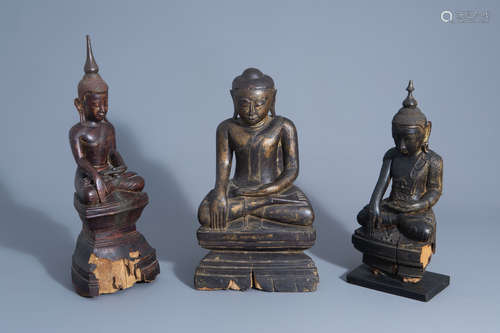 Three gilt and lacquered wooden figures of Buddha, Thailand, 19th/20th C.