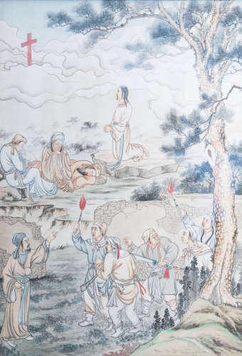 Mon van Genechten (Geel, Belgium, 1903-1974), ink and colour on paper: A catholic scene with Chinese