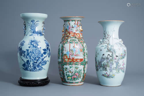 Three various Chinese famille rose and blue and white vases, 19th/20th C.