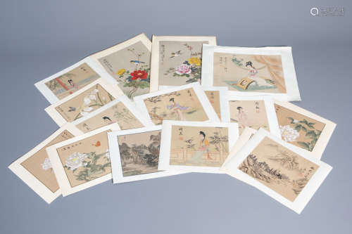 A collection of 15 Chinese paintings on silk, 20th C.