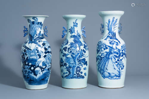 Three Chinese blue and white and celadon ground vases with birds among blossoming branches, 19th C.