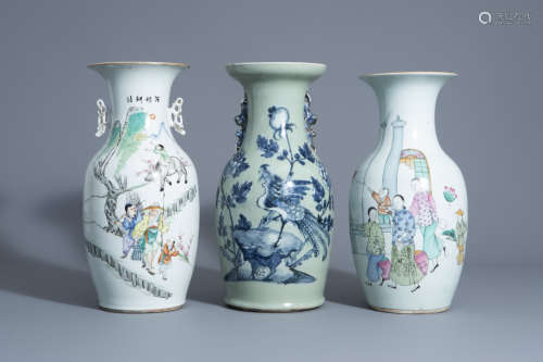 Three various Chinese famille rose and blue and white on celadon ground vases, 19th/20th C.
