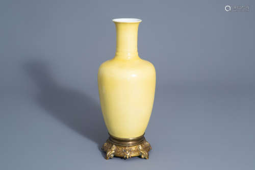 A Chinese bronze mounted monochrome yellow vase, 19th/20th C.