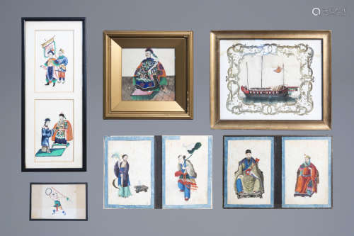 Canton school, China, 19th C., ink and colour on pith paper: One junk and eight figurative designs