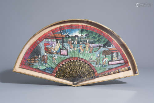 A painted Chinese paper fan with applied heads and textile mounts, Canton, 19th C.