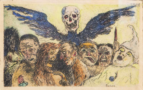 James Ensor (1860-1949): 'The deadly sins dominated by death', etching in colours, [1904]