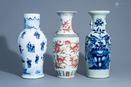 Two Chinese blue and white vases and a famille rose vase with different designs, 19th/20thC