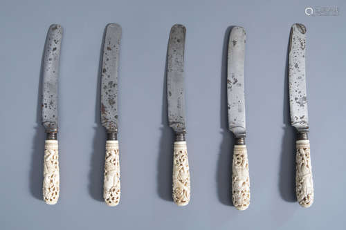 Five knives with carved ivory handles with dancing figures, India or Indonesia, 19th C.