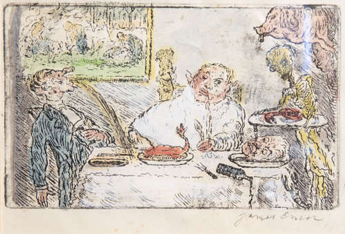 James Ensor (1860-1949): 'Gluttony', etching in colours, [1904]