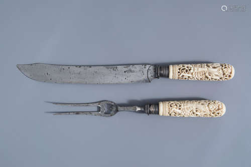 A meat knife and fork with carved ivory handles with dancing figures, India or Indonesia, 19th C.