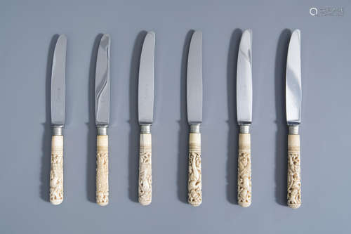 Six knives with carved ivory handles with dancing figures, India or Indonesia, 19th C.