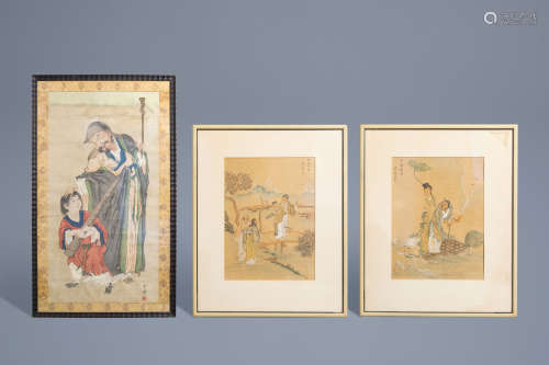 Chinese school, ink and colour on silk, Qing and Republic: Master and pupil with qin and two scenes