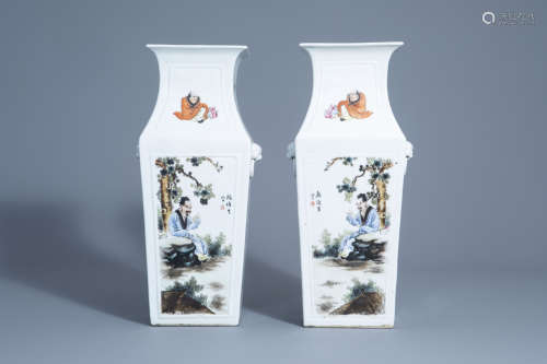 A pair of Chinese quadrangular famille rose vases with figures in a landscape, 20th C.