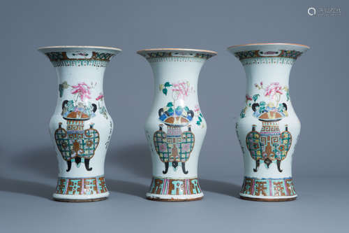 Three Chinese famille rose yenyen vases with flower baskets, 19th C.