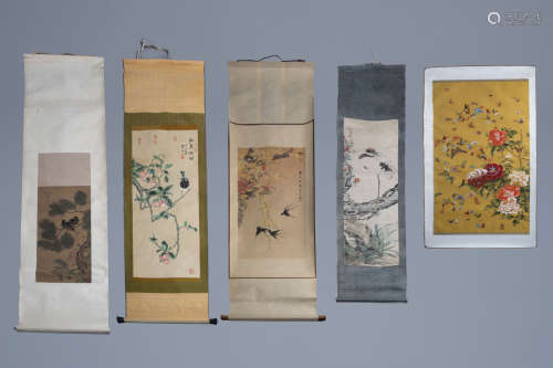 Chinese school, ink and colour on silk and paper, 19th/20th C.: Five works with birds and butterflie