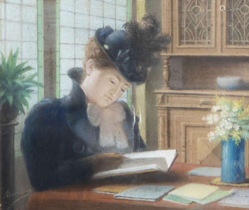 Auguste Braekevelt (1832-1908): Interior with a woman reading, pastel on paper