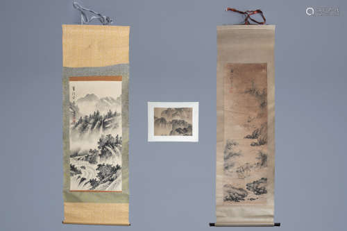 Chinese school, ink and colour on silk and paper, 19th/20th C.: Three landscapes