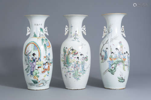 Three Chinese famille rose vases with Immortals and figures in a landscape, 19th/20th C.