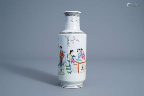 A Chinese famille rose rouleau vase with ladies in a garden, 20th C.