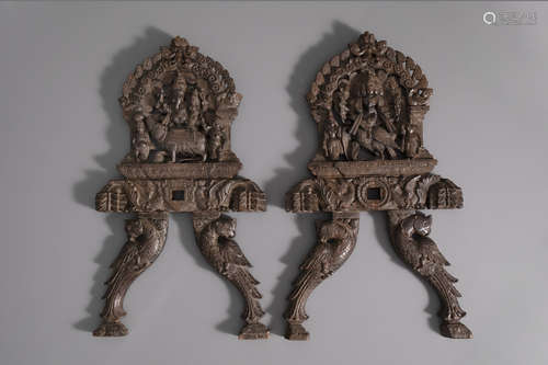 A pair of carved wooden door fragments, India, 19th C.