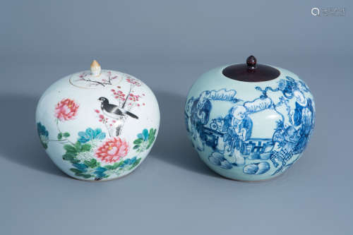 Two Chinese qianjiang cai and blue and white on celadon ground jars and covers with different design