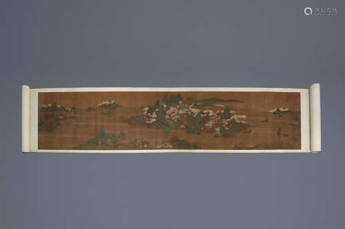 Chinese school, ink and colour on silk, in the manner of Li Zhaodao, 18th C. or earlier: A mountaino