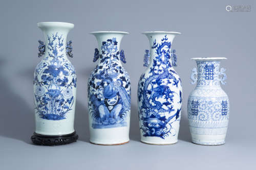 Three Chinese blue and white celadon ground vases with different designs and a blue and white vase,