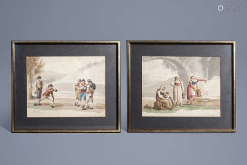 Bartolomeo Pinelli (1781-1835): Two scenes from everyday life in Italy, pencil and watercolour on pa