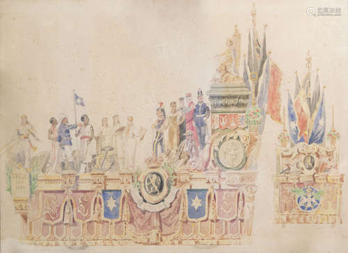 Louis Geens (1835-1906, attributed to): Design for a triumphal carriage, pencil and watercolour on p