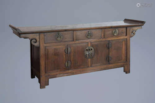 A Chinese wooden sideboard cabinet with bronze mounts, 19th/20th C.