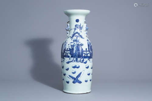 A Chinese blue and white celadon ground 'Immortals' vase, 19th C.