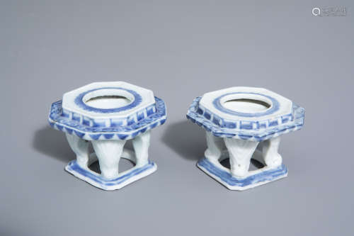 A pair of Japanese blue and white octagonal four legged salts, Edo