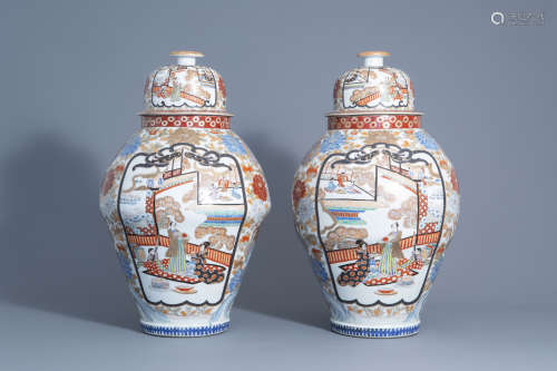 A pair of large Japanese Arita porcelain vases and covers, Meiji, 19th C.