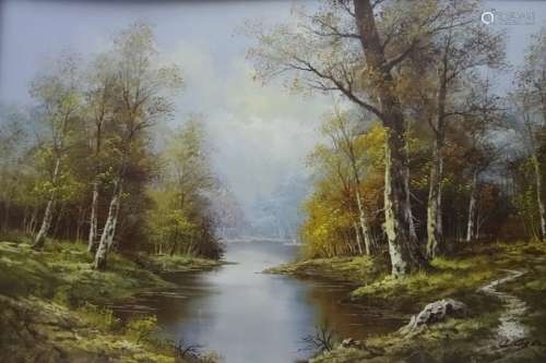Continental school Oil on board Wooded river scene, indistinctly signed lower right and two