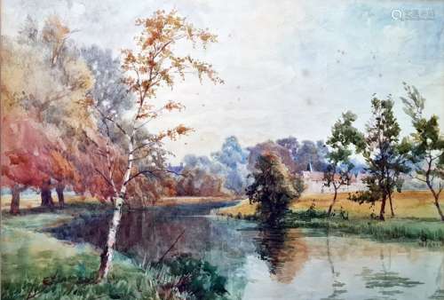 Robert Scott Temple Watercolour River scene with distant cottages, signed lower left, 24.5 x 36cm