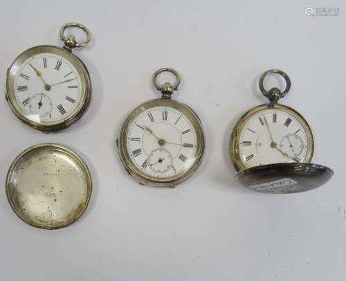 Three various pocket watches including a Rotherhams silver-cased hunter watch with Roman numerals to