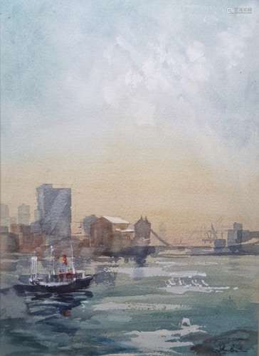 John R Batin Watercolour Barges and warehouses on The Thames, signed lower right, 36 x 25.5cm