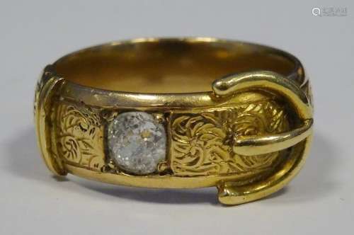 Victorian 18ct gold and diamond belt pattern ring set old cut stone, approx. 0.4ct, 9.7g in total