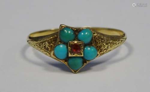 Gold coloured turquoise and ruby ring, flowerhead pattern, 1.4g in total