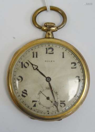 A Rolex rolled gold open face pocket watch, having a white enamel dial with Arabic numerals and