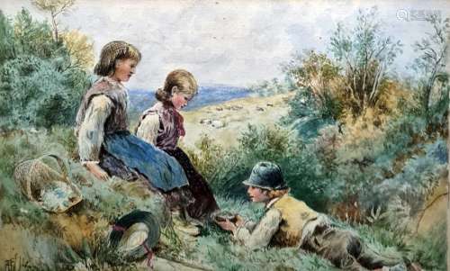 Attributed to Myles Birkett Foster (1825-1899) Watercolour Children at play, 15 x 28cm