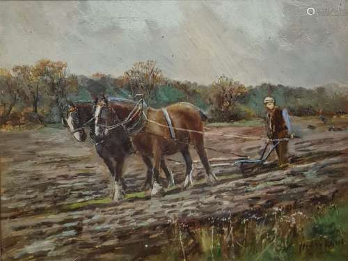 Henry Rollet Hoyle Farmer with horsedrawn plough, signed lower right, 18 x 23cm